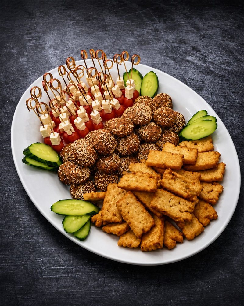 Falafel und Fingerfood auf einer Catering-Platte