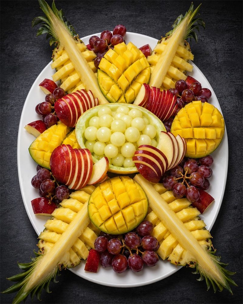 Obstteller mit Ananas, Mango, Äpfeln, Trauben und Melone