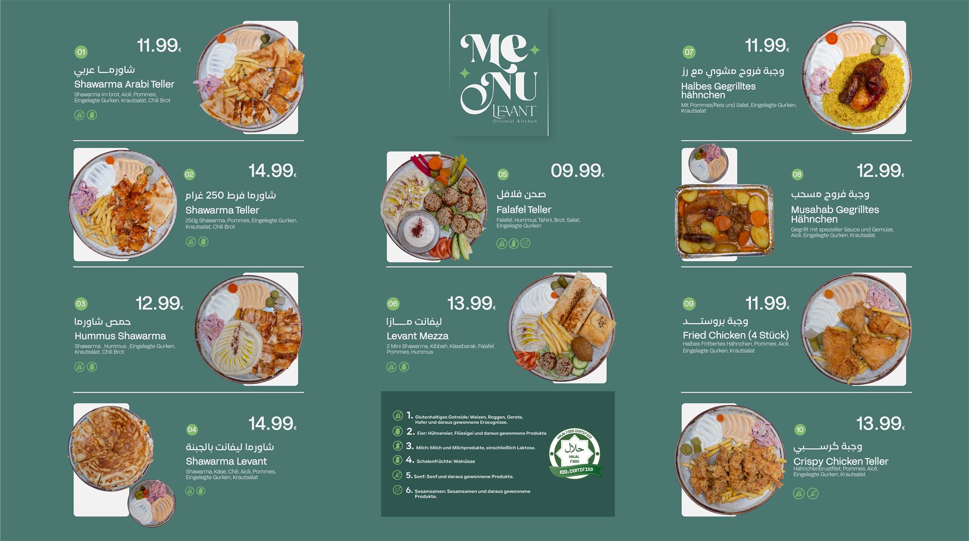 Komplette Speisekarte mit Shawarma Tellern, Hähnchen und Falafel Teller